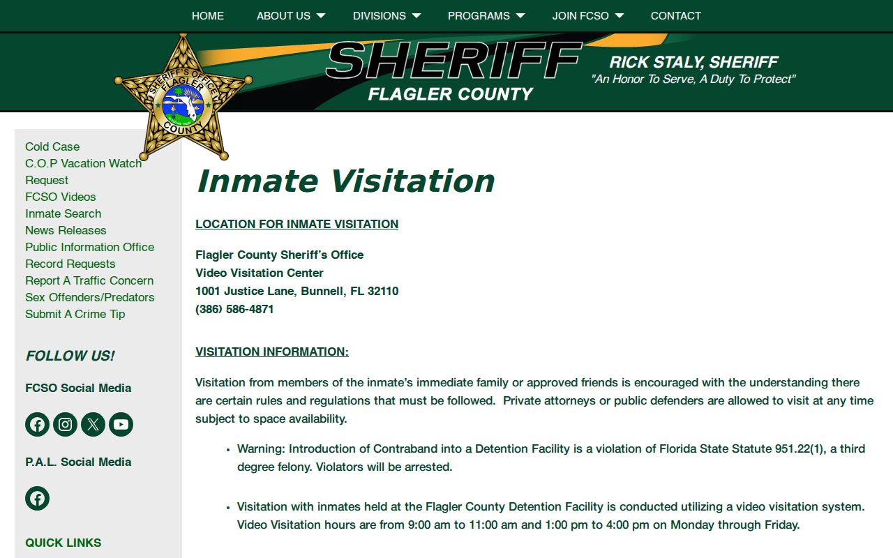 Flagler County jail visitation information