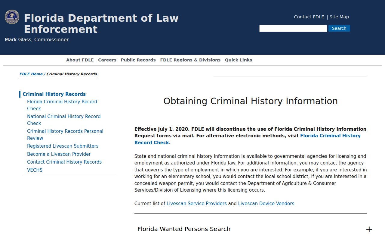 Florida Department of Law Enforcement criminal-history records page
