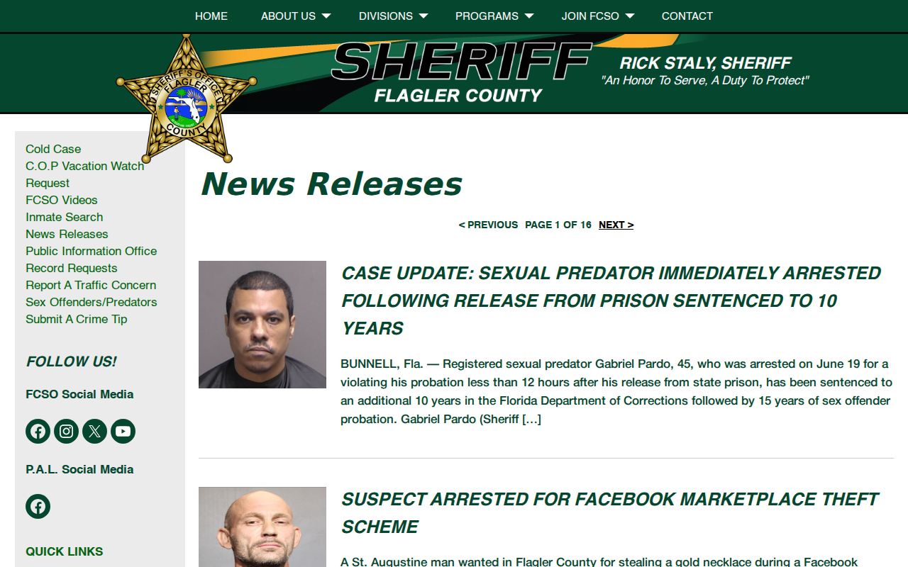Flagler County Sheriff's Office official news releases