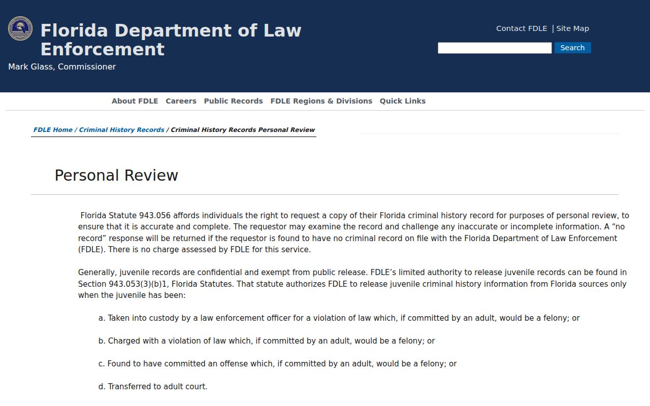 FDLE personal criminal-history review and correction information